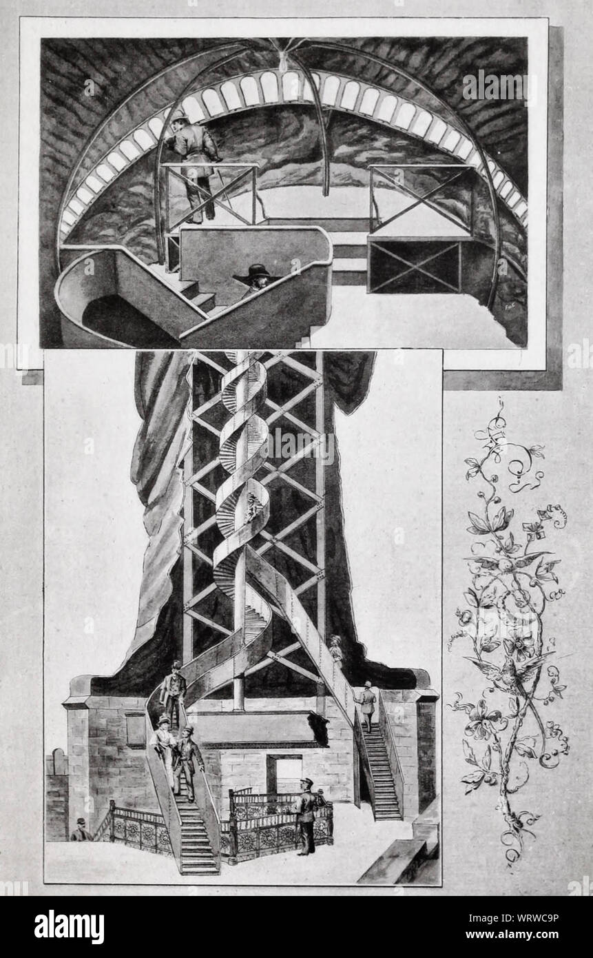 Interieur von Kopf und Schnitt von Innen- und Wendeltreppe der Freiheitsstatue, ca. 1890 Stockfoto