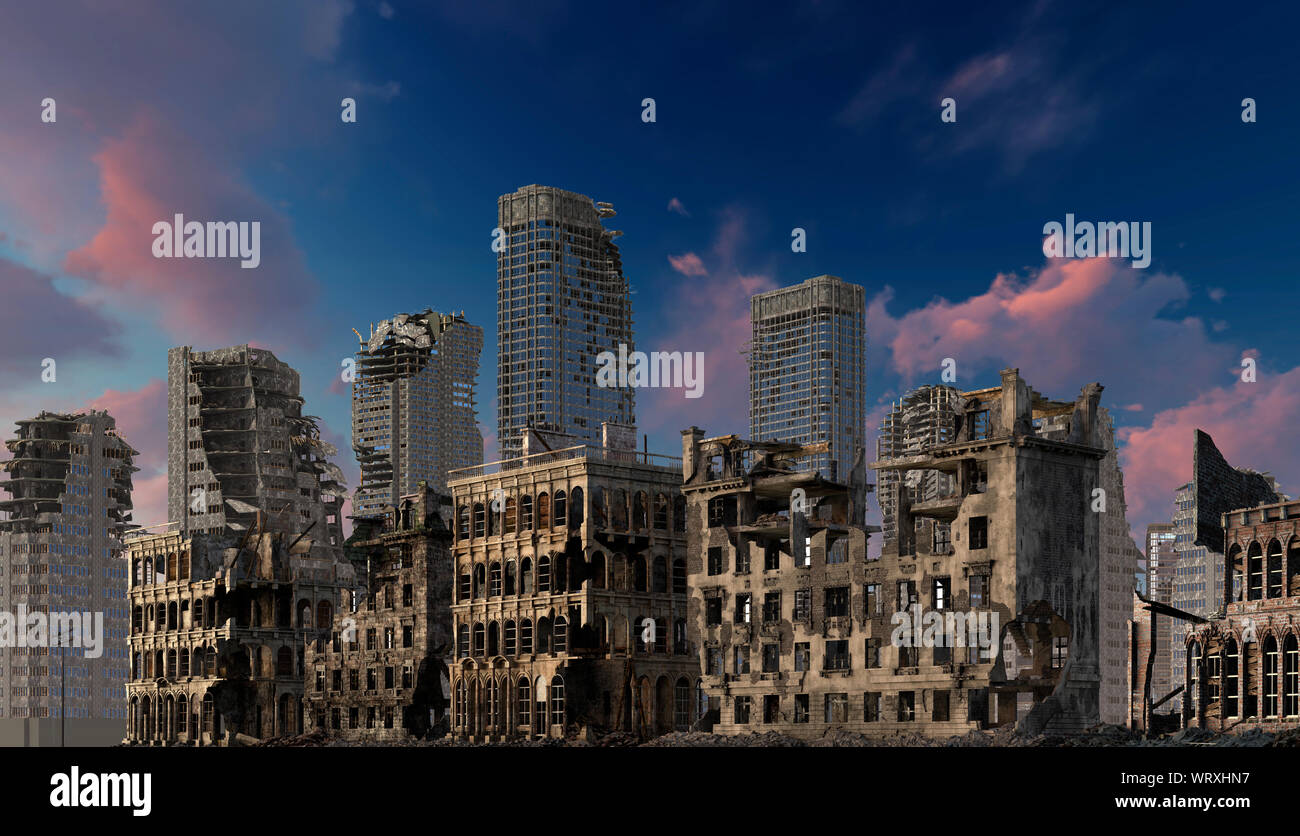 3D-Illustration Ruinen einer Stadt apokalyptische Landschaft Konzept Stockfoto