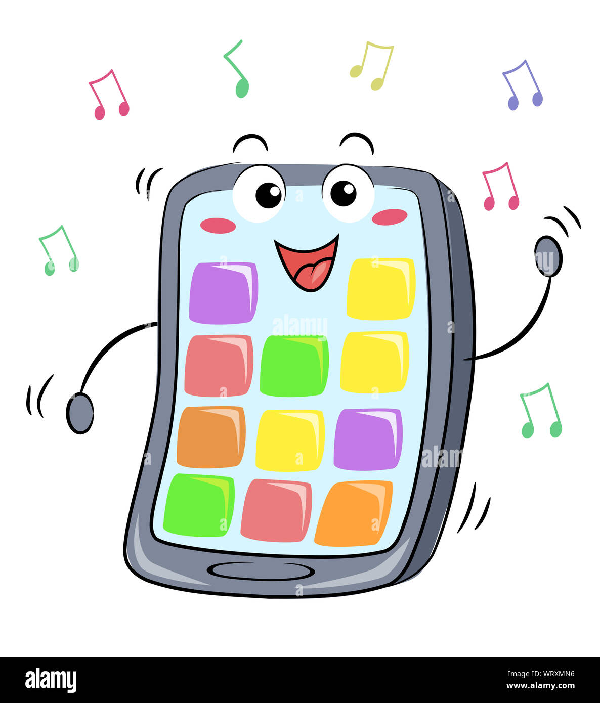 Abbildung: ein Handy oder Tablet Maskottchen Tanzen und Touch Pads mit Noten Stockfoto