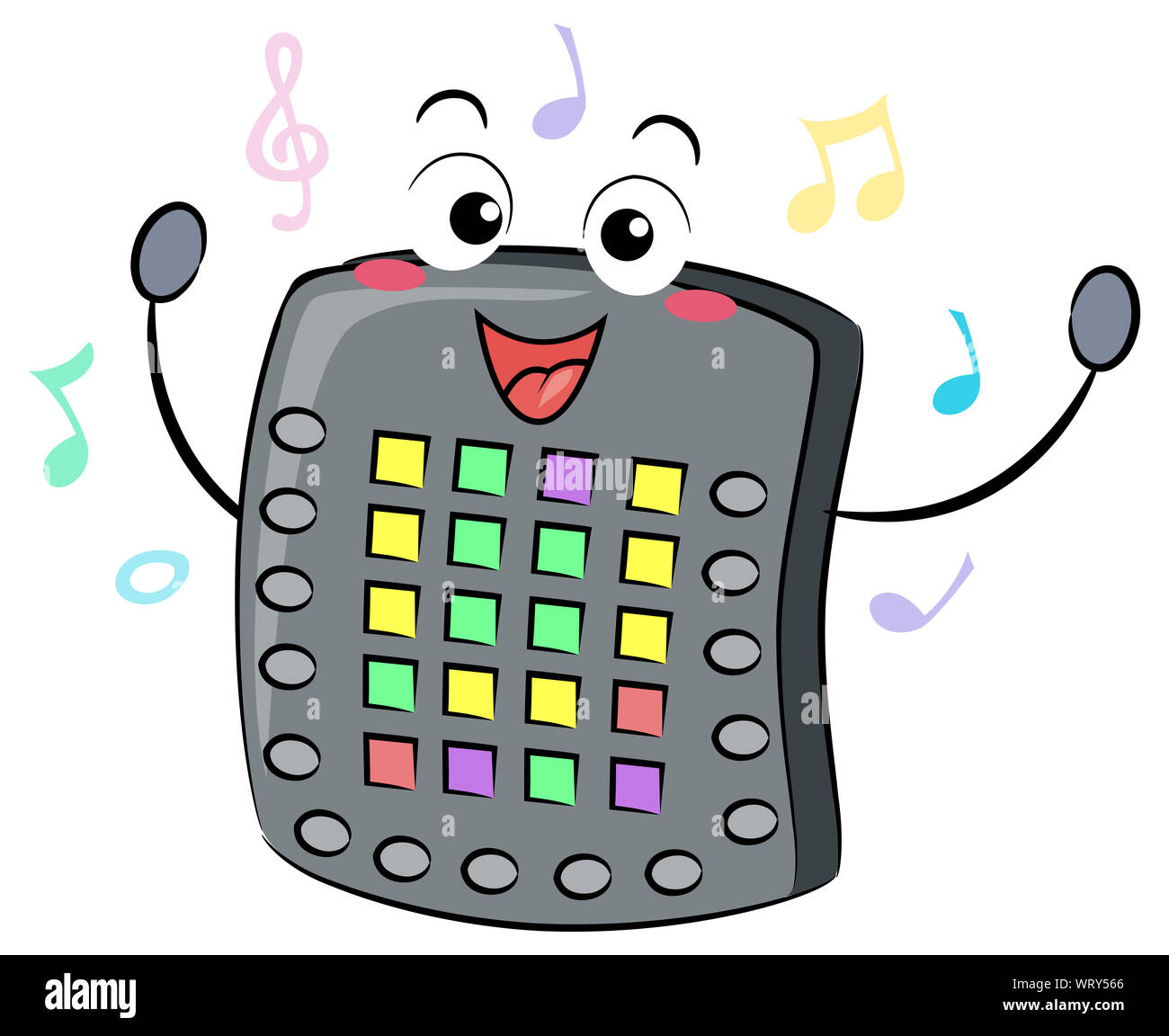 Abbildung eines elektronischen Drum Pad Maskottchen mit Noten um Stockfoto