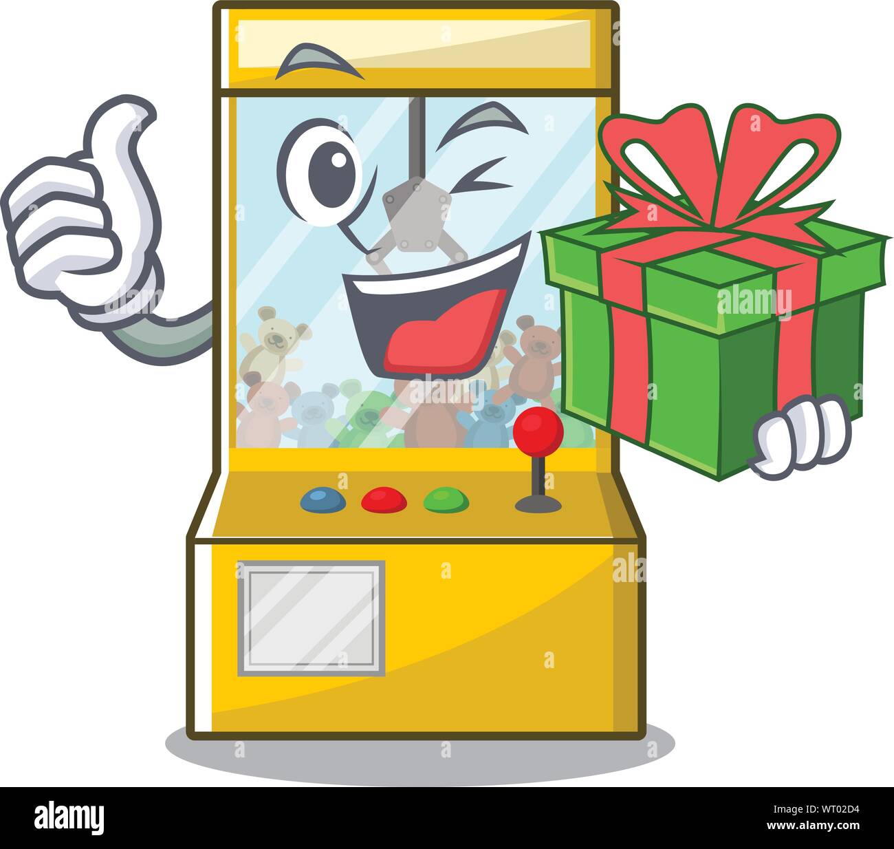 Mit Geschenk Kran spiel Maskottchen auf einem Cartoon Vector Illustration Stock Vektor