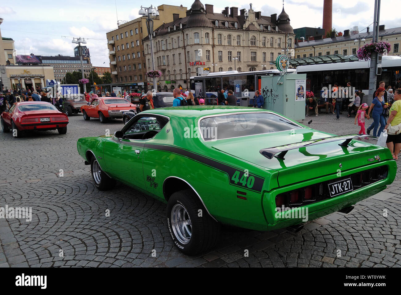Tampere, Finnland - 31. August 2019: abgestimmte grün Dodge Charger R/T an der Mansen Mäntä Messut (Tampere Kolben Messe in englischer Sprache) Stockfoto