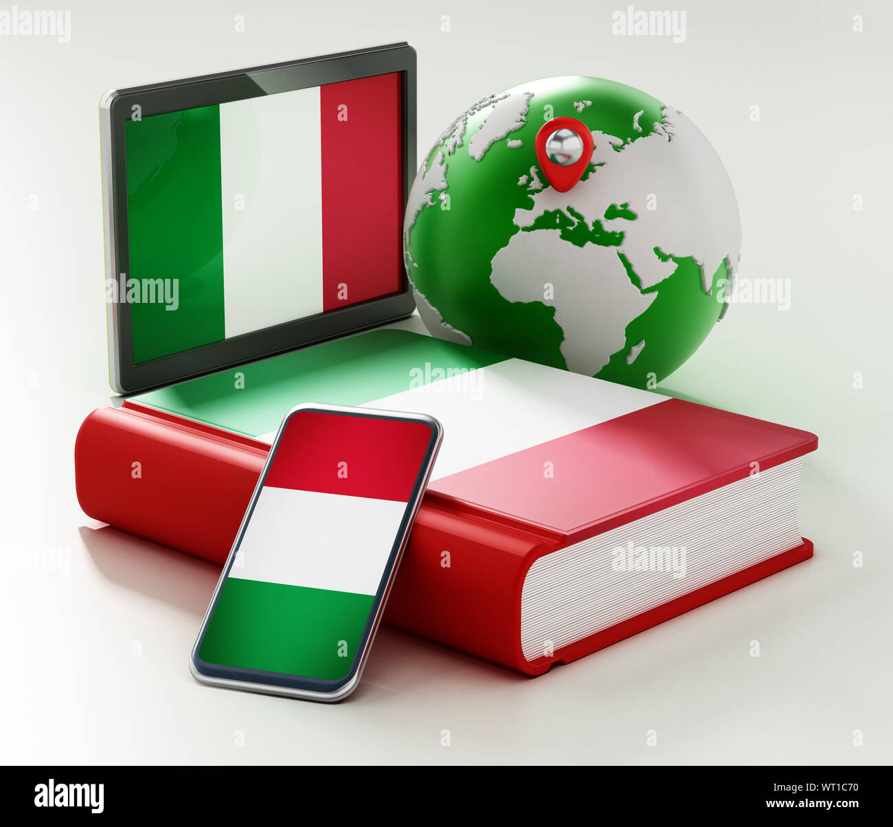 Wörterbuch, Smartphone und Tablet-PC mit italienischer Flagge entlang der Welt. 3D-Darstellung. Stockfoto