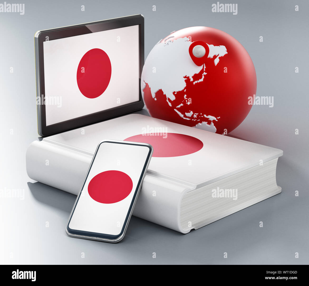 Wörterbuch, Smartphone und Tablet-PC mit Japan Flagge entlang der Welt. 3D-Darstellung. Stockfoto