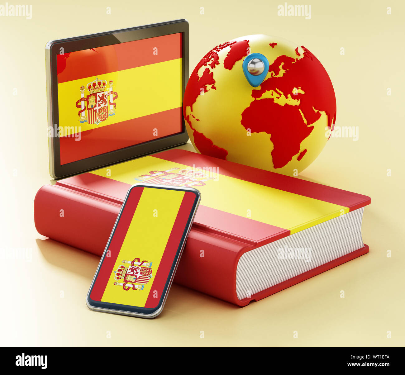 Wörterbuch, Smartphone und Tablet-PC mit spanischer Flagge entlang der Welt. 3D-Darstellung. Stockfoto