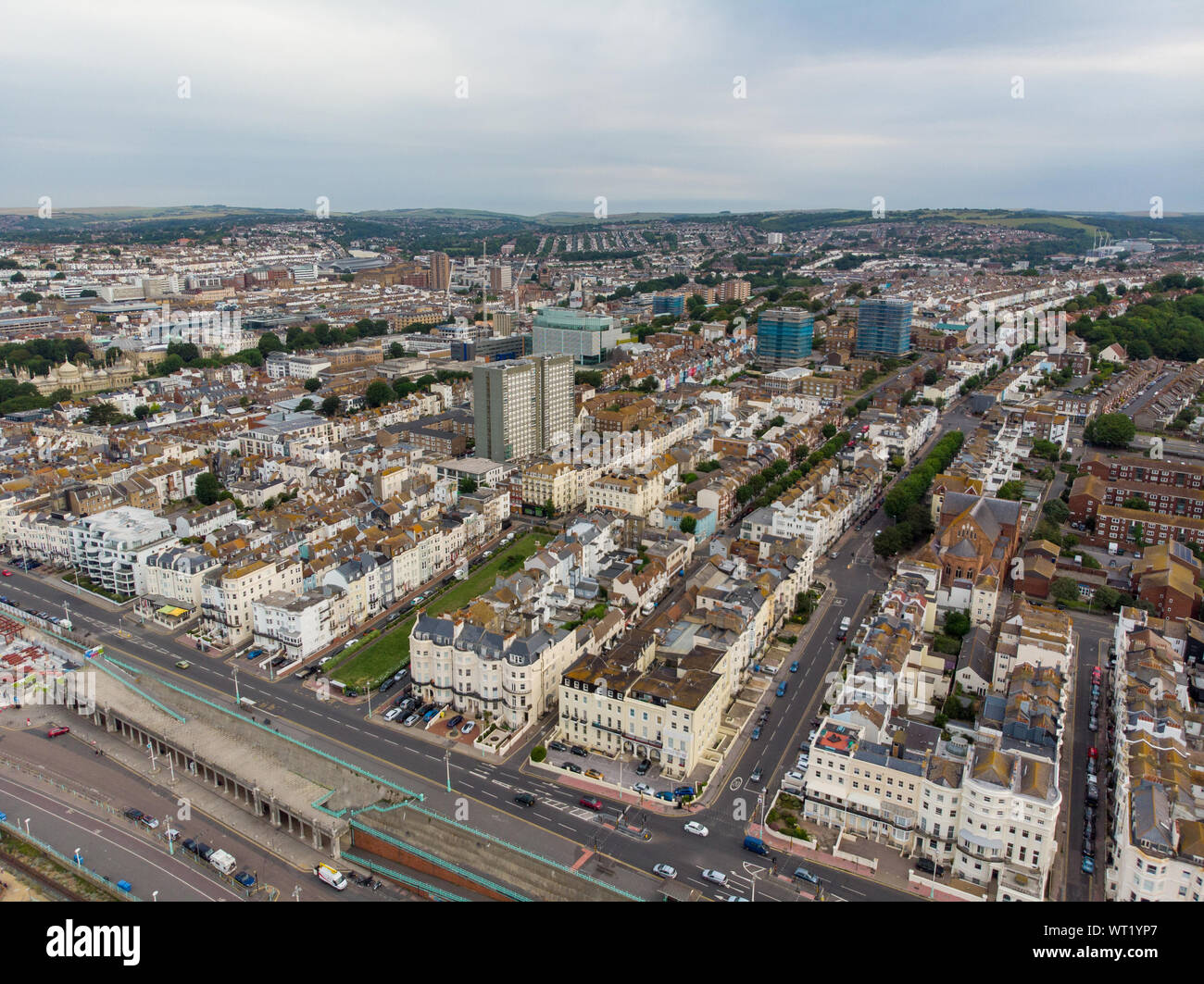 Luftaufnahme der Stadt Brighton und Hove center mit Hotels, Pensionen, lokale Geschäfte und die Straßen und Gassen der Innenstadt, o Stockfoto