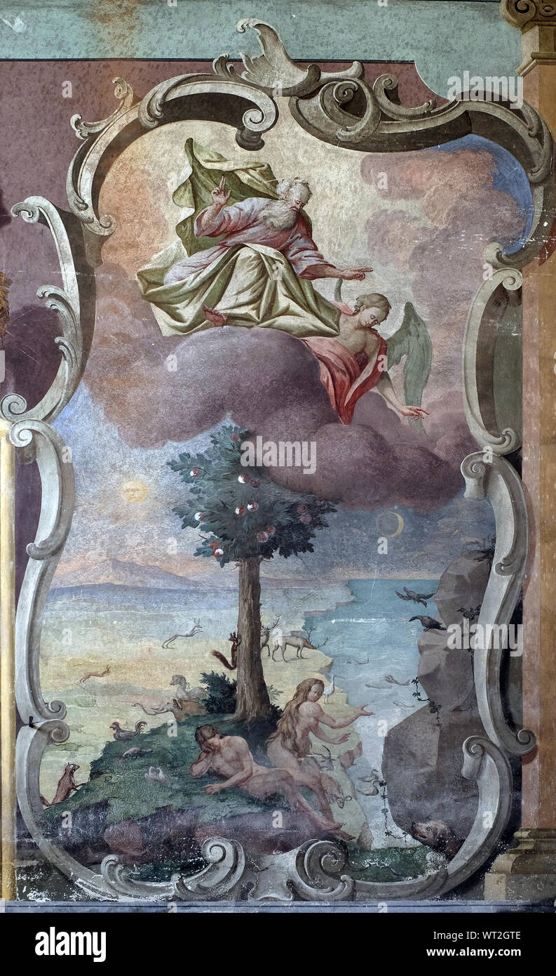 Adam und Eva im Garten Eden, Fresken an der Decke der Hl. Johannes der Täufer Kirche in Zagreb, Kroatien. Stockfoto
