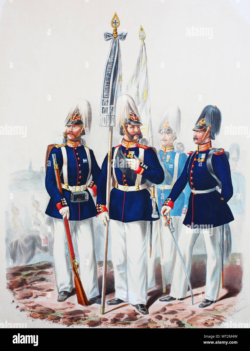 Königlich-preußischen Armee, Guards Corps Preußens Heer, preussische Garde, Kaiser Franz Garde Grenadier Regiment Nr. 11, Unteroffizier, Fahnen-Unteroffizier, Offizier, Digital verbesserte Reproduktion einer Abbildung aus dem 19. Jahrhundert Stockfoto