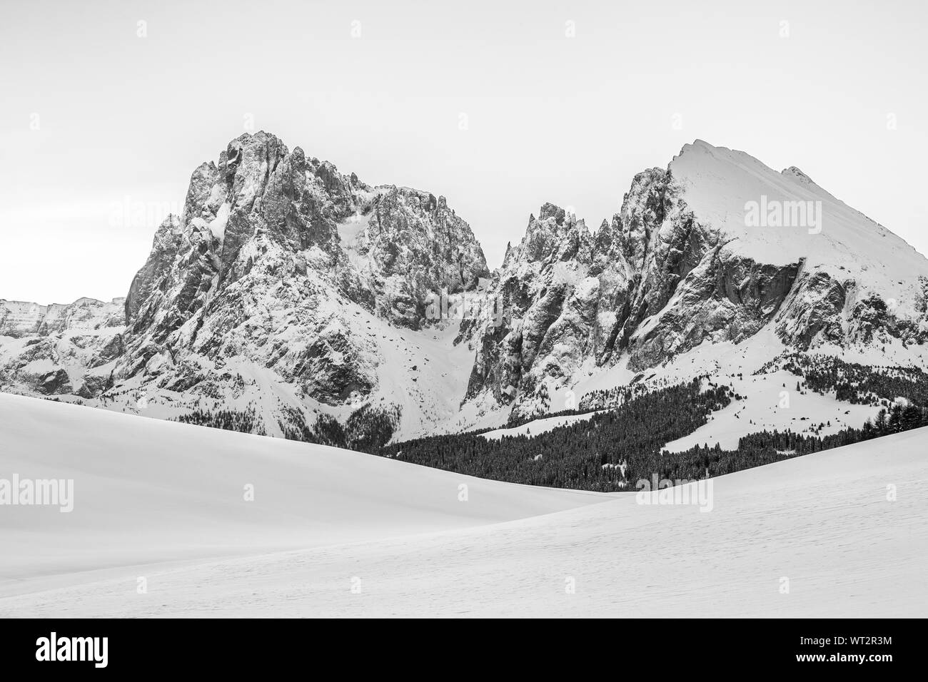 Berggipfel von Sassolungo und Sassopiatto in der Wintersaison. Alpe di Siusi Hochebene. Schwarz-weiße Berglandschaft. Die Grödner Alpen. Italienische Alpen Stockfoto