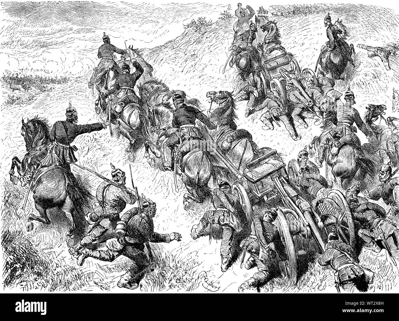 Die Schlacht von Spicheren, auch als die Schlacht von Forbach bekannt, eine Schlacht war während des Deutsch-Französischen Krieges. Die Besetzung der Spicherer Höhen. Schlacht bei Spichern, Bataille de Forbach, 6. August 1870, eine Schlacht des Deutsch-Französischen Krieges, Digital verbesserte Reproduktion einer Abbildung aus dem 19. Jahrhundert Stockfoto