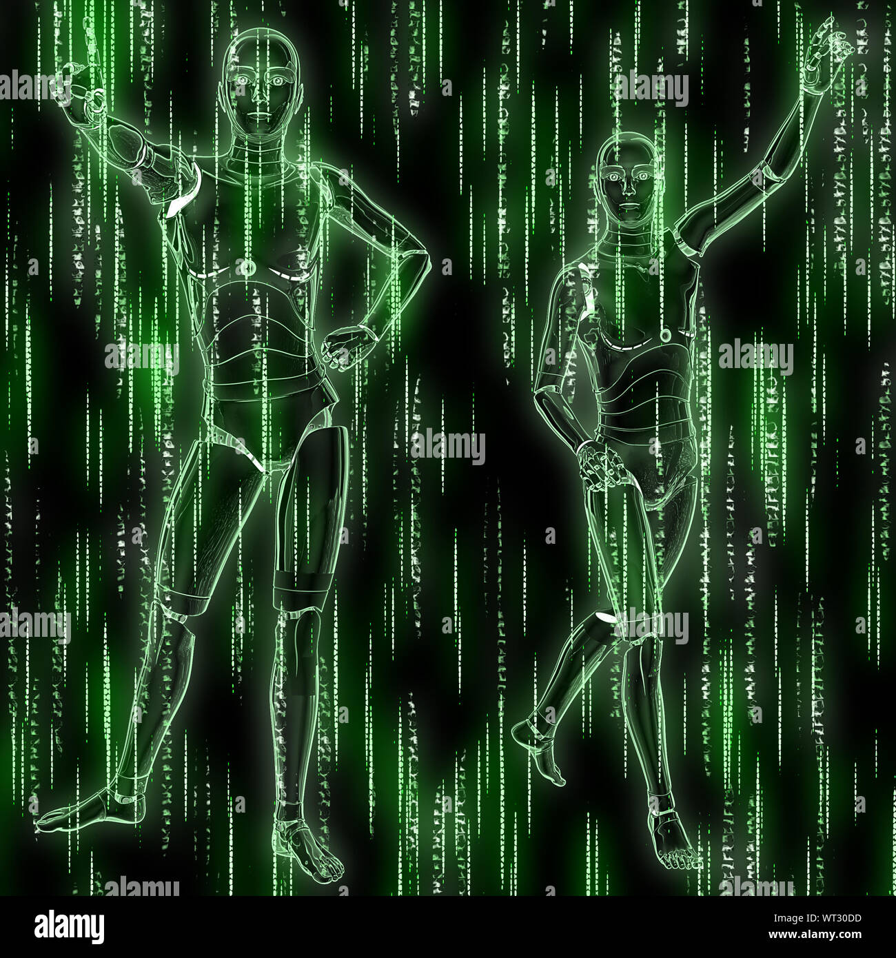 Abstrakte matrix grüner Hintergrund mit Streaming code und Humanoide. Stockfoto
