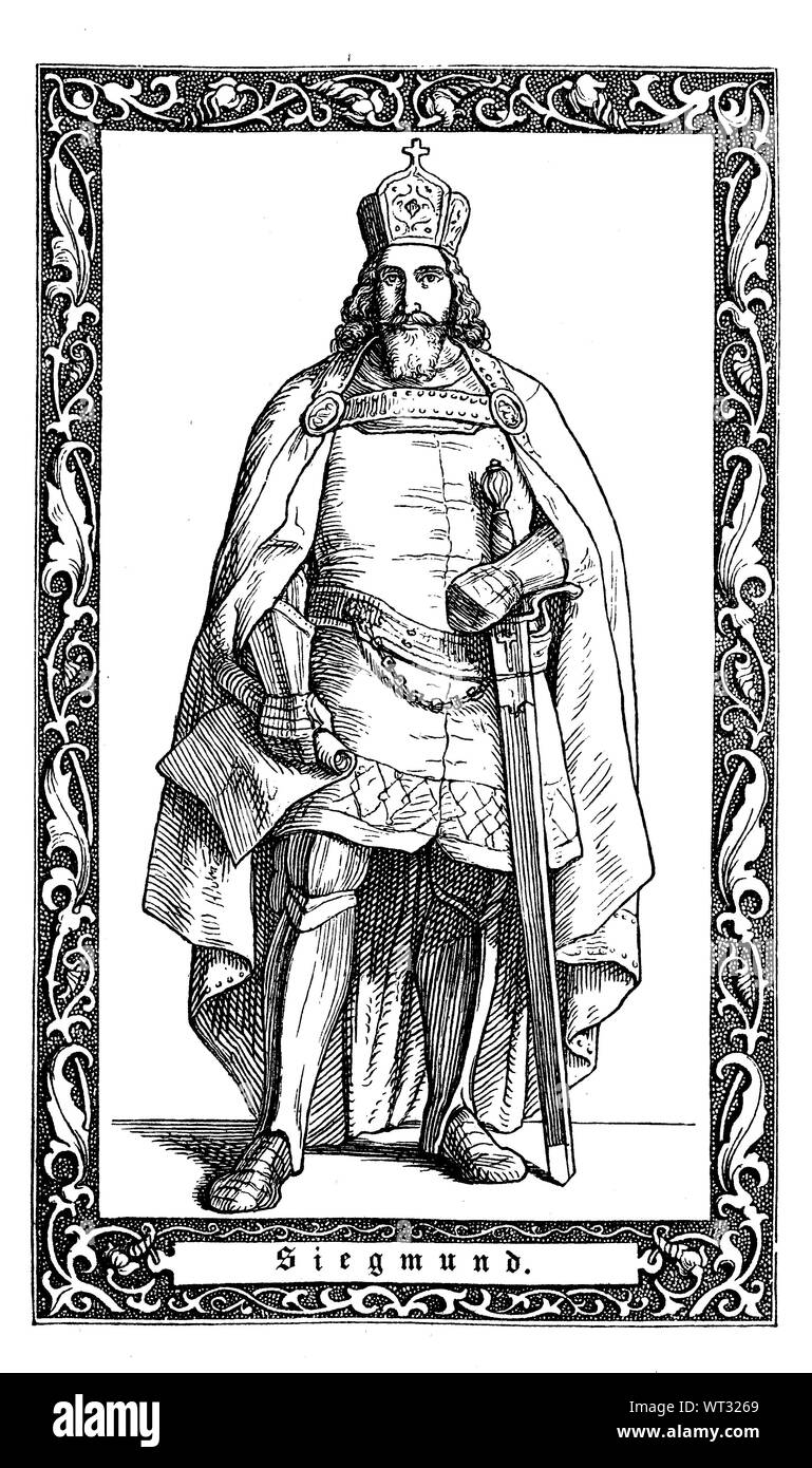 Sigismund von Luxemburg, König von Deutschland von 1411, Kaiser des Heiligen Römischen Reiches von 1433 bis 1437. Sigismund von Luxemburg, 1368-1437, auch Siegmund, Haus der Luxemburge, römisch-deutscher König seit 1411, römisch-deutscher Kaiser von 1433 bis zu seinem Tode., Digital verbesserte Reproduktion einer Abbildung aus dem 19. Jahrhundert Stockfoto Sigismund von Luxemburg, König von Deutschland von 1411, Kaiser des Heiligen Römischen Reiches von 1433 bis 1437. Sigismund von Luxemburg, 1368-1437, auch Siegmund, Haus der Luxemburge, römisch-deutscher König seit 1411, römisch-deutscher Kaiser von 1433 bis zu seinem Tode., Digital verbesserte Reproduktion einer Abbildung aus dem 19. Jahrhundert Stockfoto