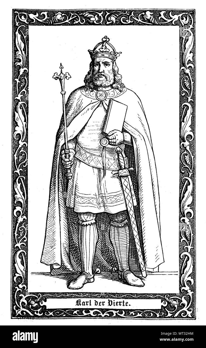 Karl IV., geb. Wenzel, der erste König von Böhmen Kaiser des Heiligen Römischen Reiches zu werden. Karl IV., 1316-1378, war römisch-deutscher König (ab 1346), römisch-deutscher Kaiser, ab 1355, Digital verbesserte Reproduktion einer Abbildung aus dem 19. Jahrhundert Stockfoto