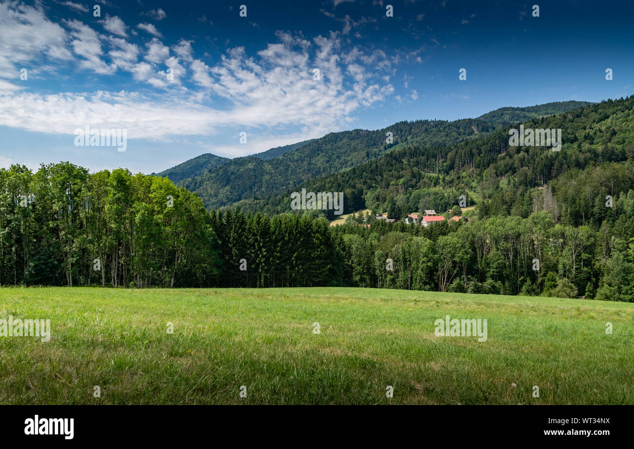 Berg Hügel überwucherten Landschaft mit Wäldern und Landhäuser mit blauer Himmel, Schwerpunkt auf Landhäuser. Haute-Savoie in Frankreich. Stockfoto