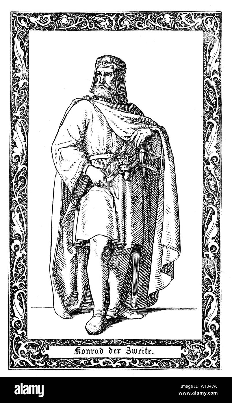 Conrad II., auch als Konrad der Ältere und Conrad der Salischen, war Kaiser des Heiligen Römischen Reiches von 1027 bis zu seinem Tod in 1039. Konrad II., Konrad der Ältere, 990-1039, römisch-deutscher Kaiser von 1027 bis 1039, Digital verbesserte Reproduktion einer Abbildung aus dem 19. Jahrhundert Stockfoto