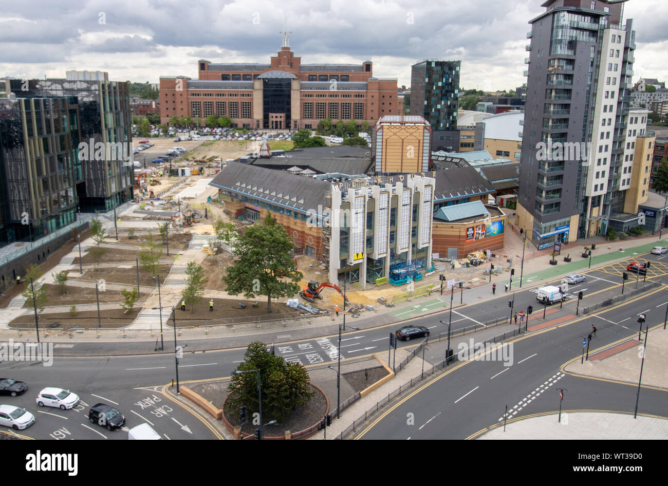 Leeds Centre Juli 2019 18: die Bauarbeiten auf der Leeds Play House Theater im Zentrum der Stadt Leeds Zeigt die Arbeit an, die getan wird liegt, Stockfoto