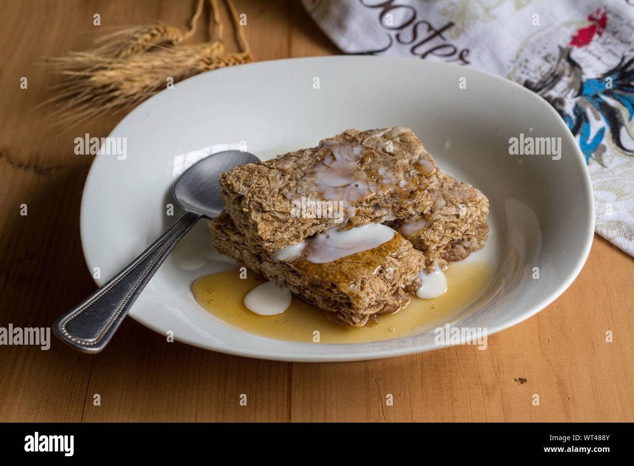 Getreide Weizen Bars in der Platte mit Milch und Honig - Weizen Spears im Hintergrund Stockfoto