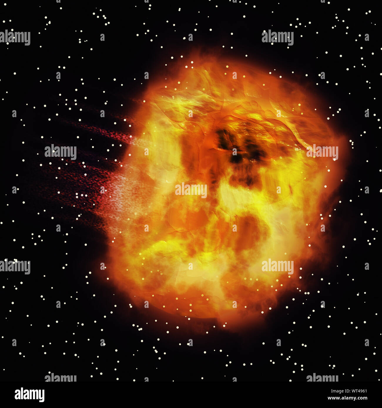 Große brennende abstrakte Asteroiden fliegen durch den Raum. Stockfoto