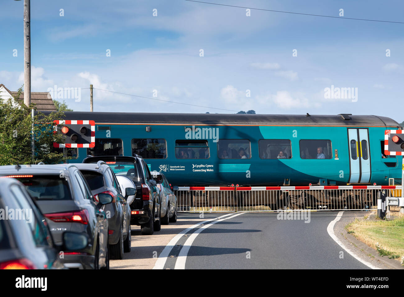 Autos Schlange an einem Bahnübergang als ein Zug fährt. Wales, Großbritannien. Stockfoto