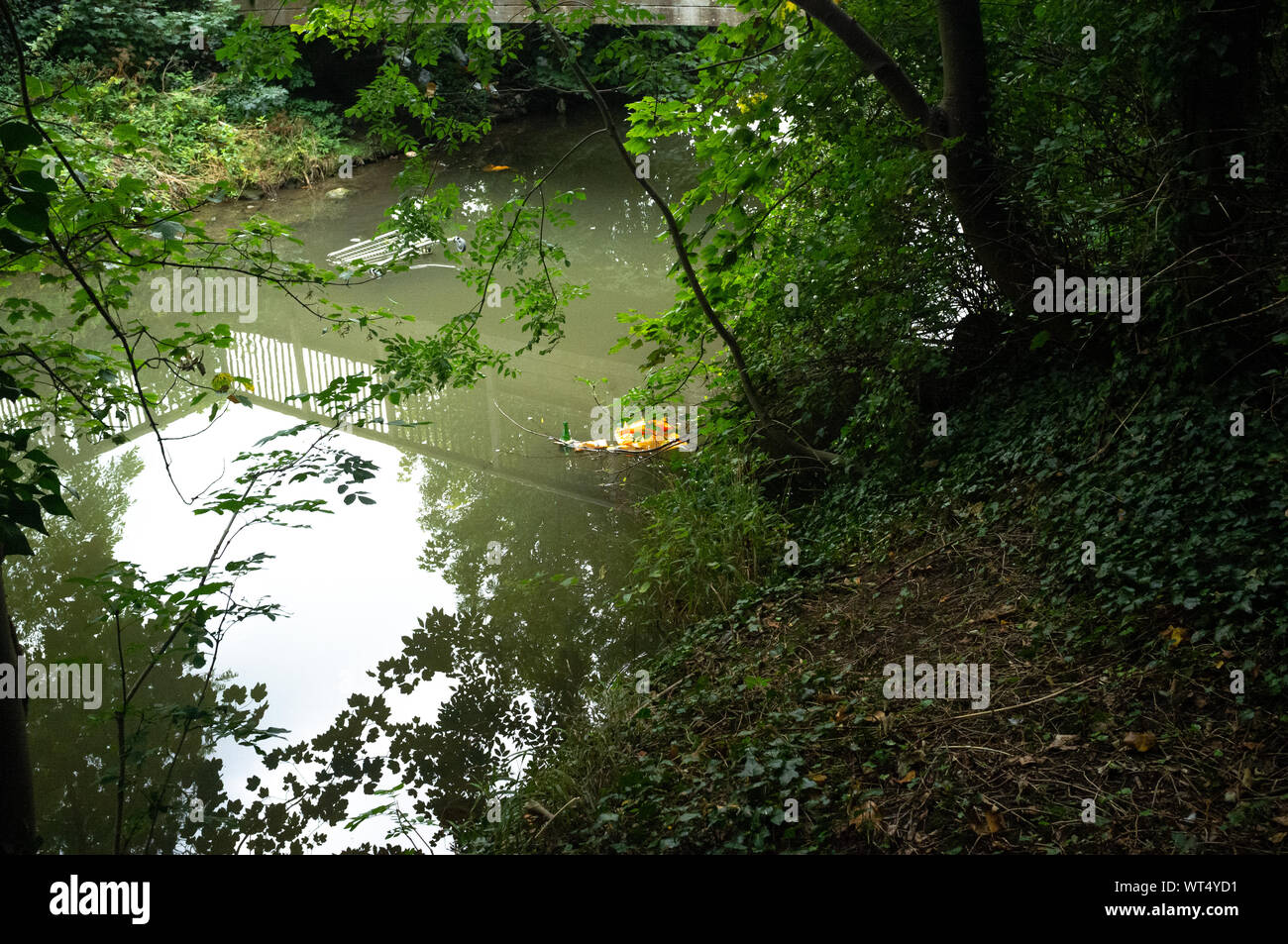 Ein Einkaufswagen und andere Plastikabfälle in einem Buckingham Waterway, wo verschiedene Tierarten leben. Buckinghamshire, England. Stockfoto