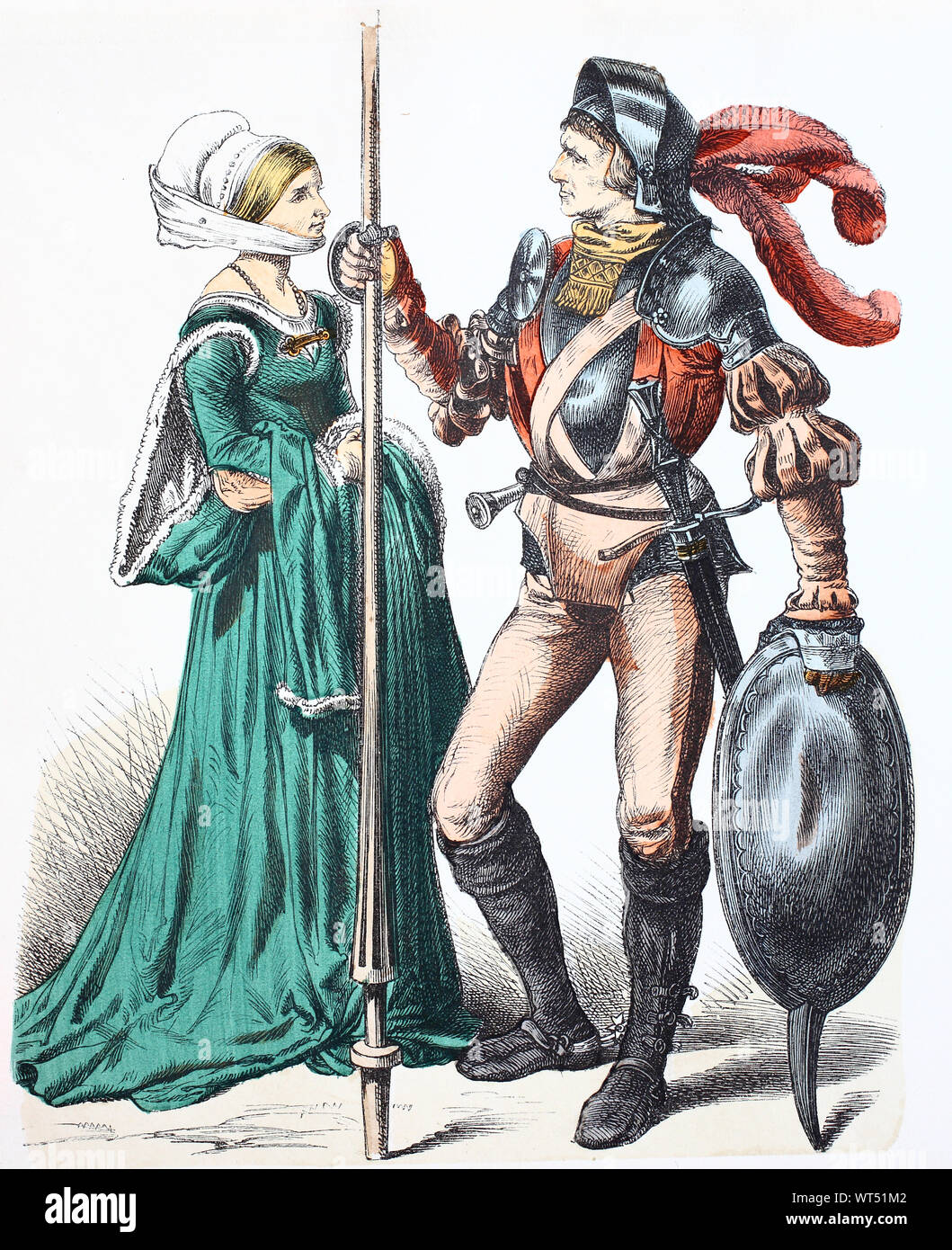 Nationale Kostüm, Kleidung, Geschichte der Kostüme, deutsche Bürgerinnen und Bürger in Waffen, in 1530, Volkstracht, Kleidung, der Kostüme, deutsche Bürgerin und Bürger in Waffen, 1530 Stockfoto