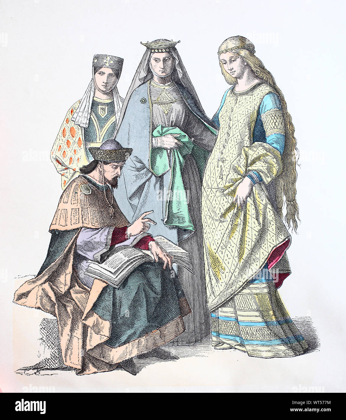 Nationale Kostüm, Kleidung, Geschichte der Kostüme, deutscher Prinz und deutschen Frauen, 12. Jahrhundert, Volkstracht, Kleidung, der Kostüme, deutscher Fürst und deutsche Frauen, 12. Jahrhundert Stockfoto
