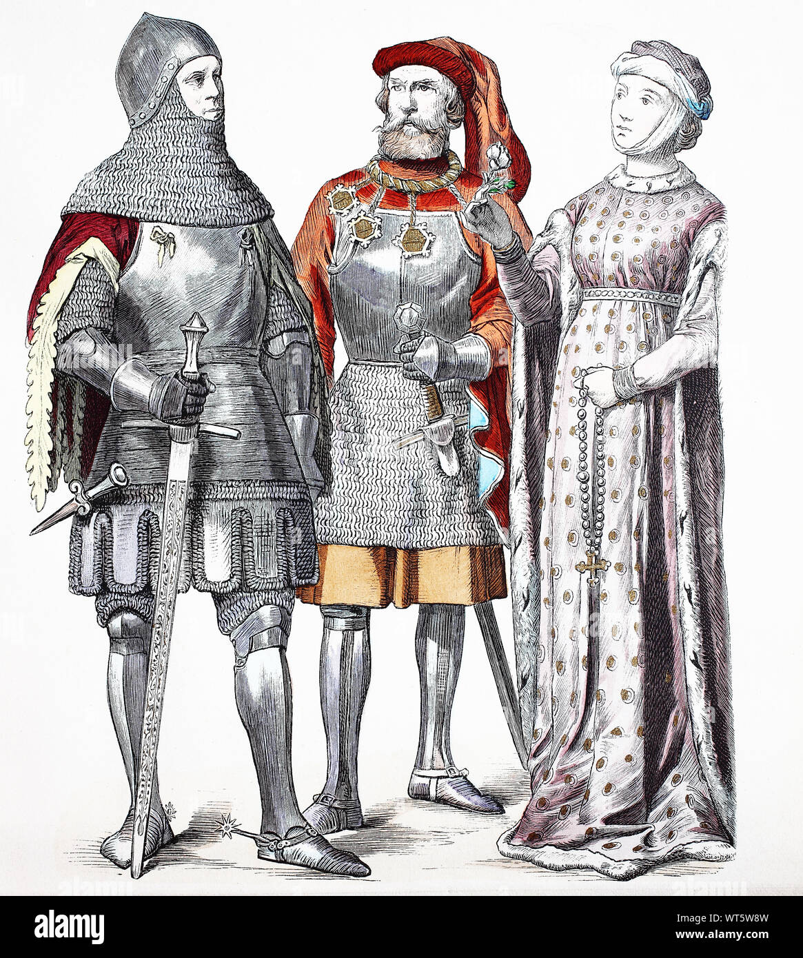 Nationale Kostüm, Kleidung, Geschichte der Kostüme, Kleider von Philipp von  Ingelheim, 1431, Martin-von Seinsheim, in 1434, und Frau in der Kleidung  von 1410, Deutschland, Volkstracht, Kleidung, der Kostüme, Kleidung des  Philipp von
