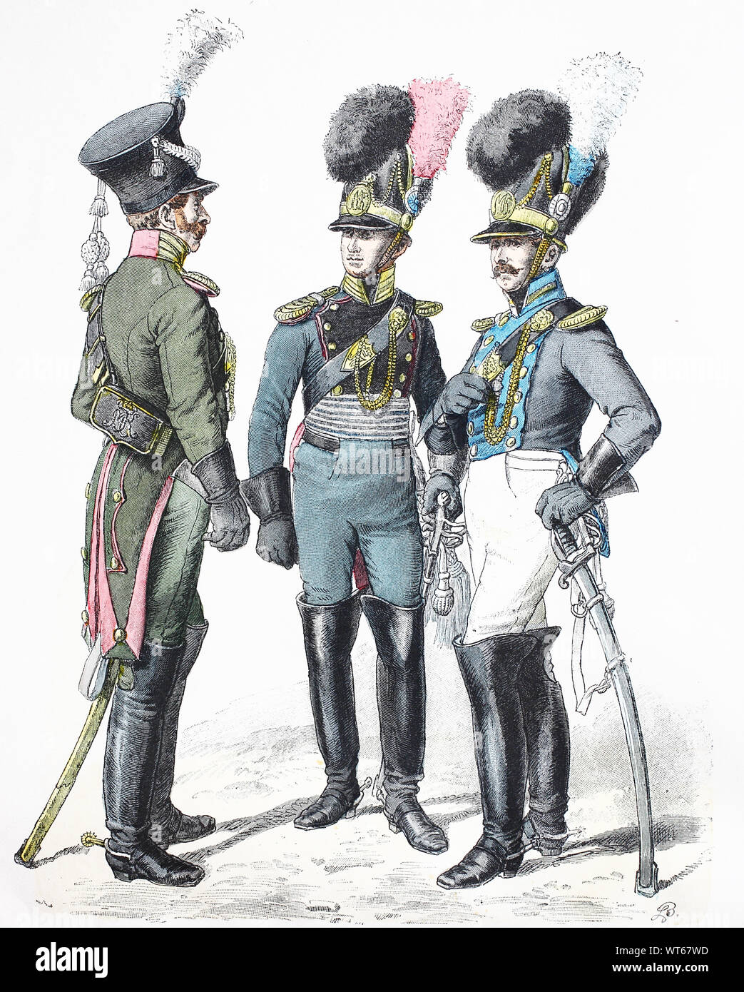 Nationale Kostüm, Kleidung, Geschichte der Kostüme, der Gendarmerie lebensgefaehrlich, Artillerie Offizier, Fuhrwesen Officer, der Bayerische Militär, 19. Jahrhundert, Volkstracht, Kleidung, der Kostüme, Gendarmerie-Offizier, Artillerie-Offizier, Fuhrwesen-Offizier, Bayerisches Militär, 19. Jahrhundert Stockfoto