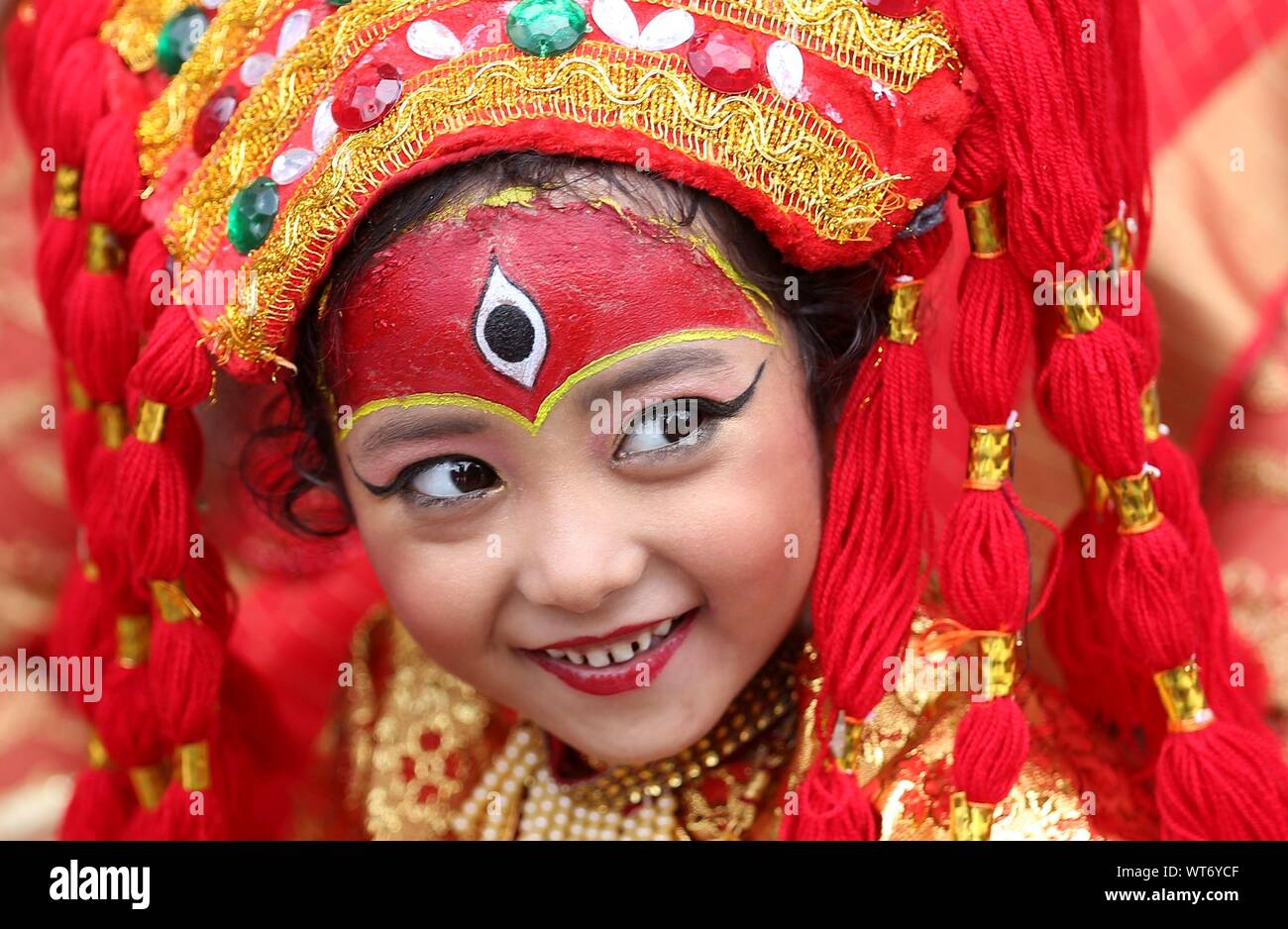 Girl kumari living goddess festival Fotos und Bildmaterial in hoher