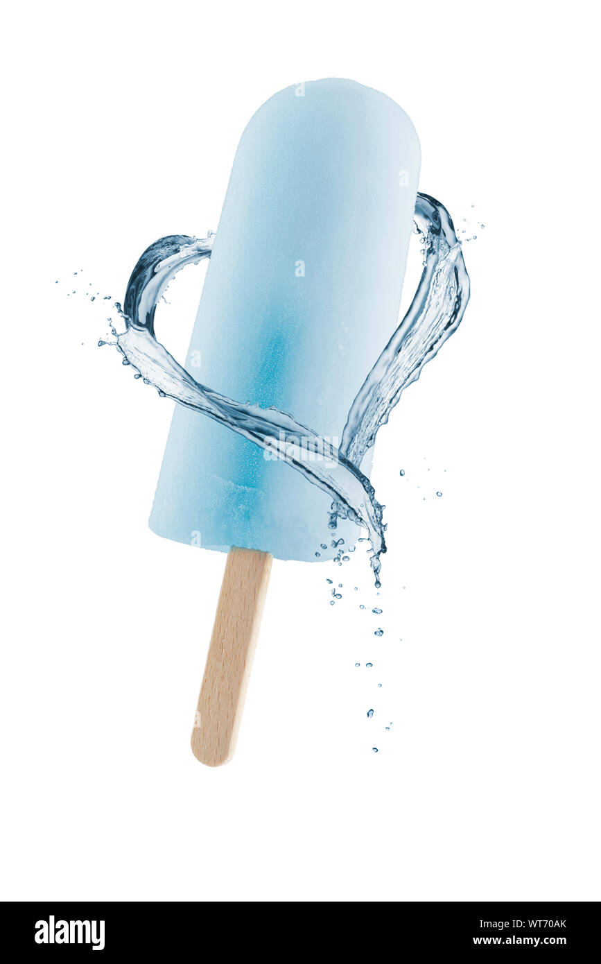 Eis am Stiel mit Wasser planschen, isoliert auf weißem Stockfoto