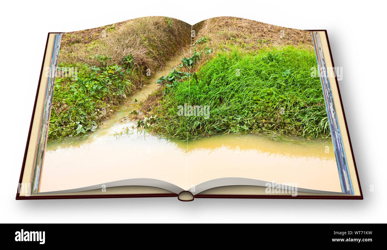 Volle Wassergraben in einem Feld nach schweren Regenfällen - 3D-Render eines geöffneten Foto Buch auf weißem Hintergrund. Ich bin der Inhaber des Urheberrechts der im Stockfoto