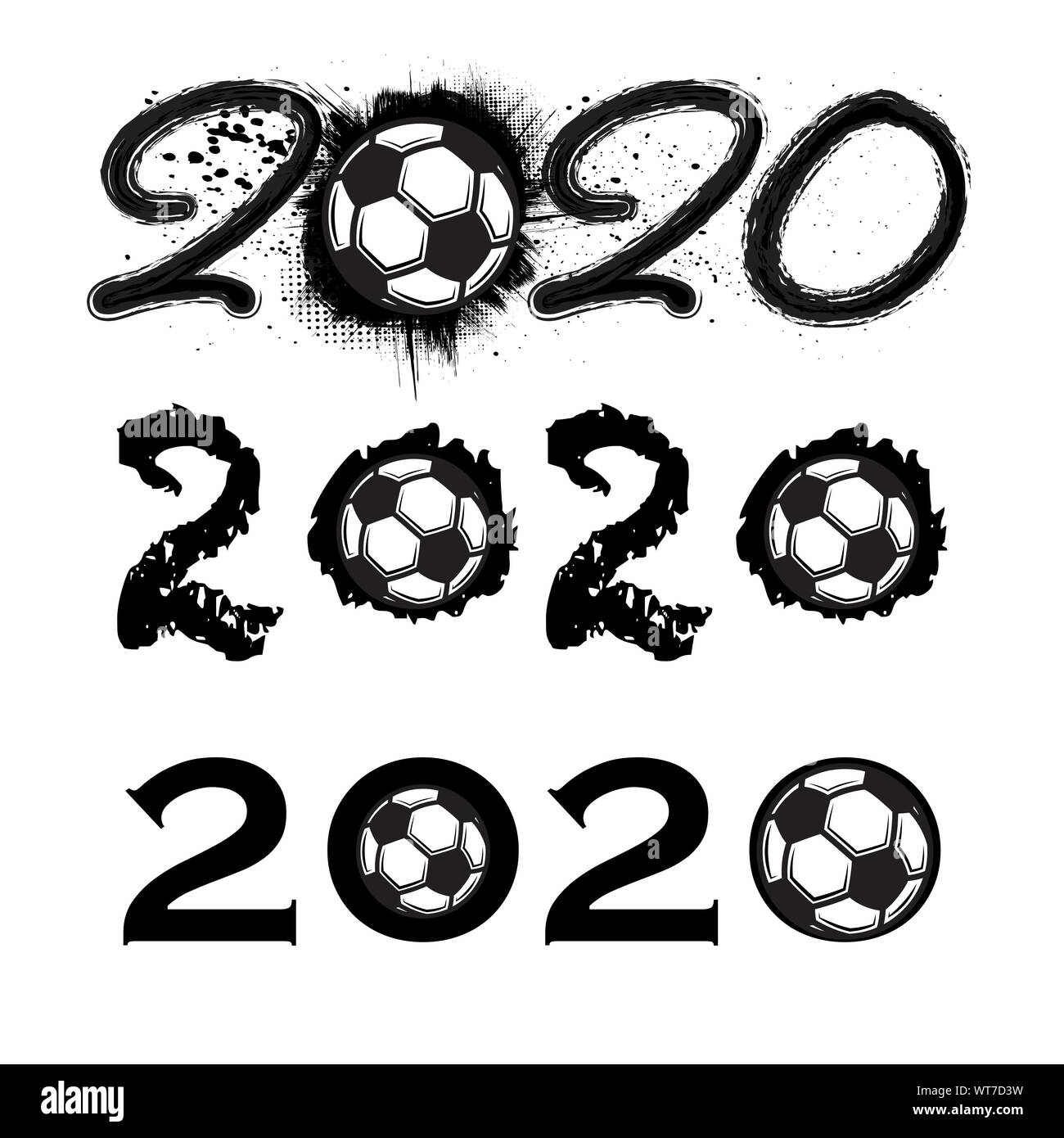 Set aus drei verschiedenen Schwarz grunge 2020 Nummern mit Fußball Bälle Stock Vektor