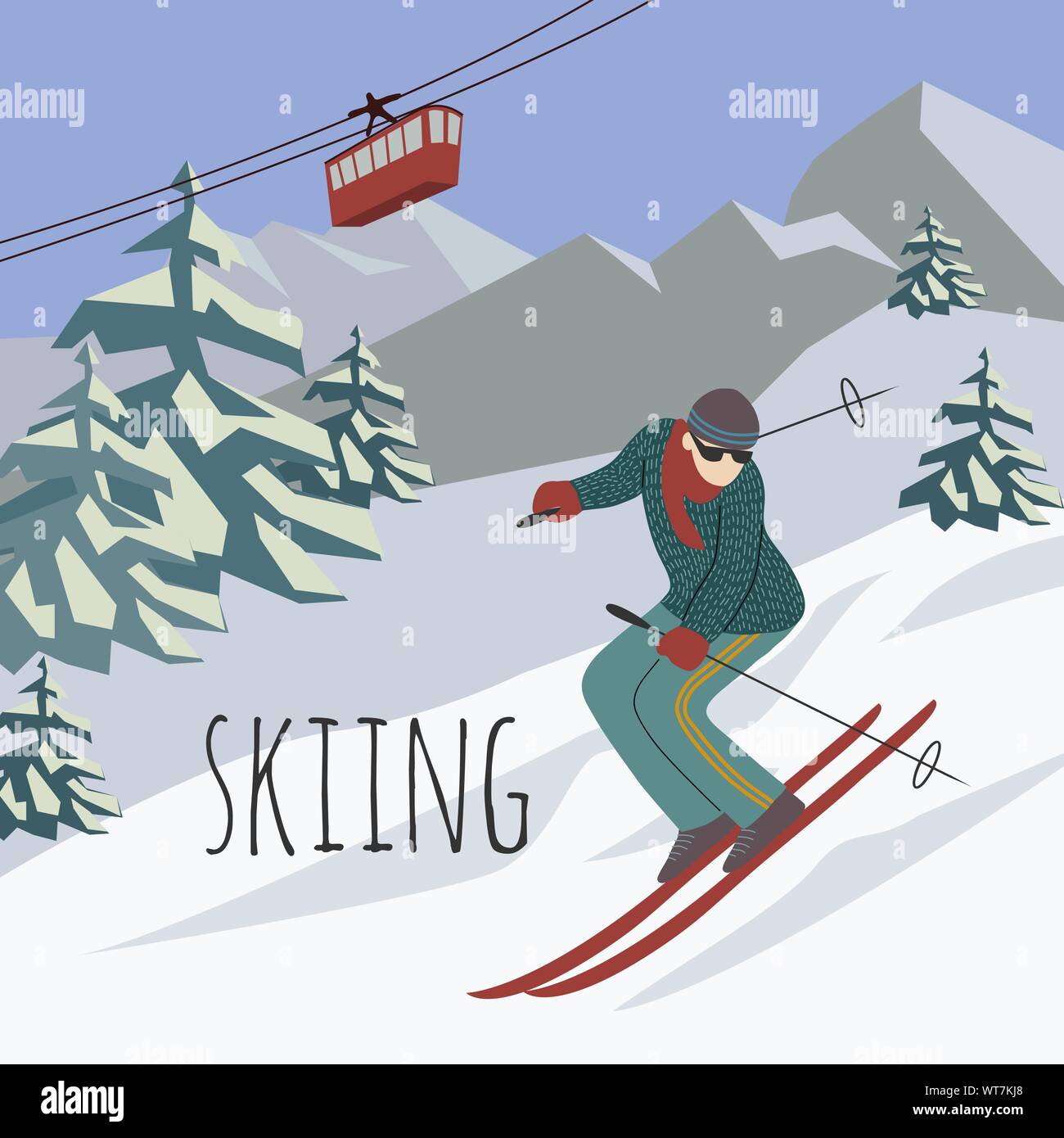Sport Mann reiten Winter Ski auf Schnee Steigung auf Hintergrund Ski Resort in den Bergen und Skilift. Vektor flachbild Abbildung. Freehand Design für Karten Stock Vektor