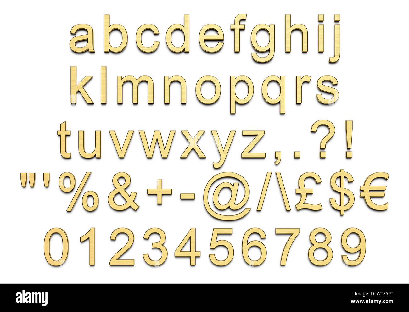 Buchstaben, Zahlen und Symbole des Alphabets in Gold, gebürstet, Kleinschreibung Stockfoto