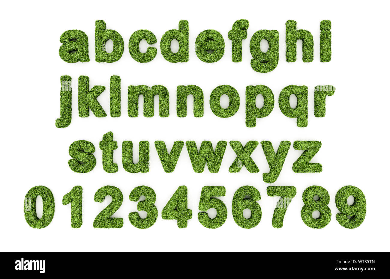 Gras Alphabet, Zahlen und Buchstaben, Kleinschreibung Stockfoto