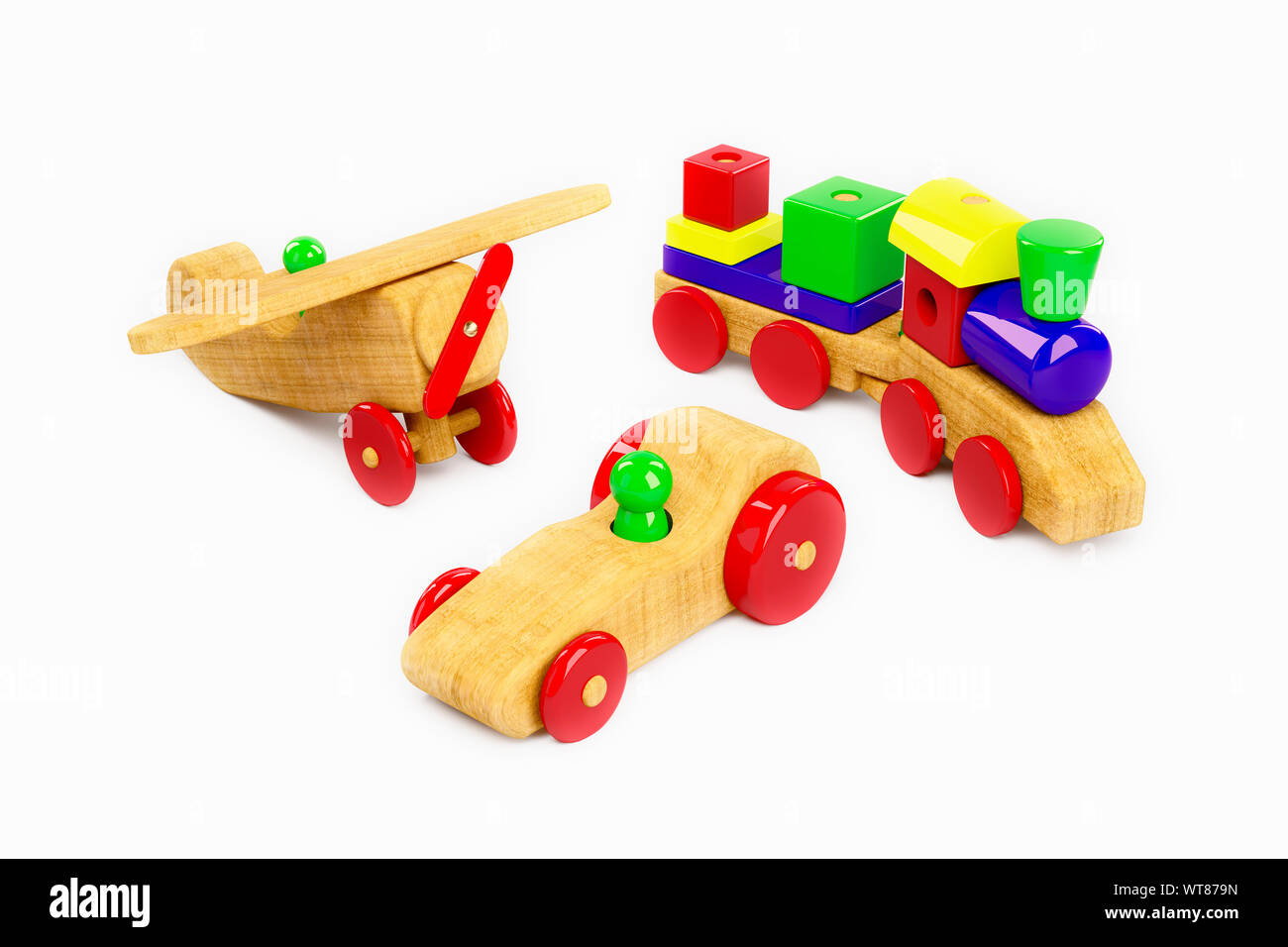 Holz- Flug-, Bahn- und Rennwagen, einer Auswahl an Kinder Holzspielzeug auf weißem Hintergrund Stockfoto