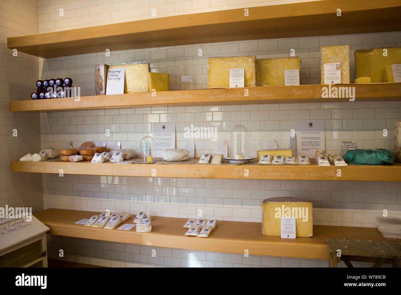 Der Käse Zimmer im Newt in Somerset, gefüllt mit Vintage cheddars, Somerset Bries und andere Käse Stockfoto