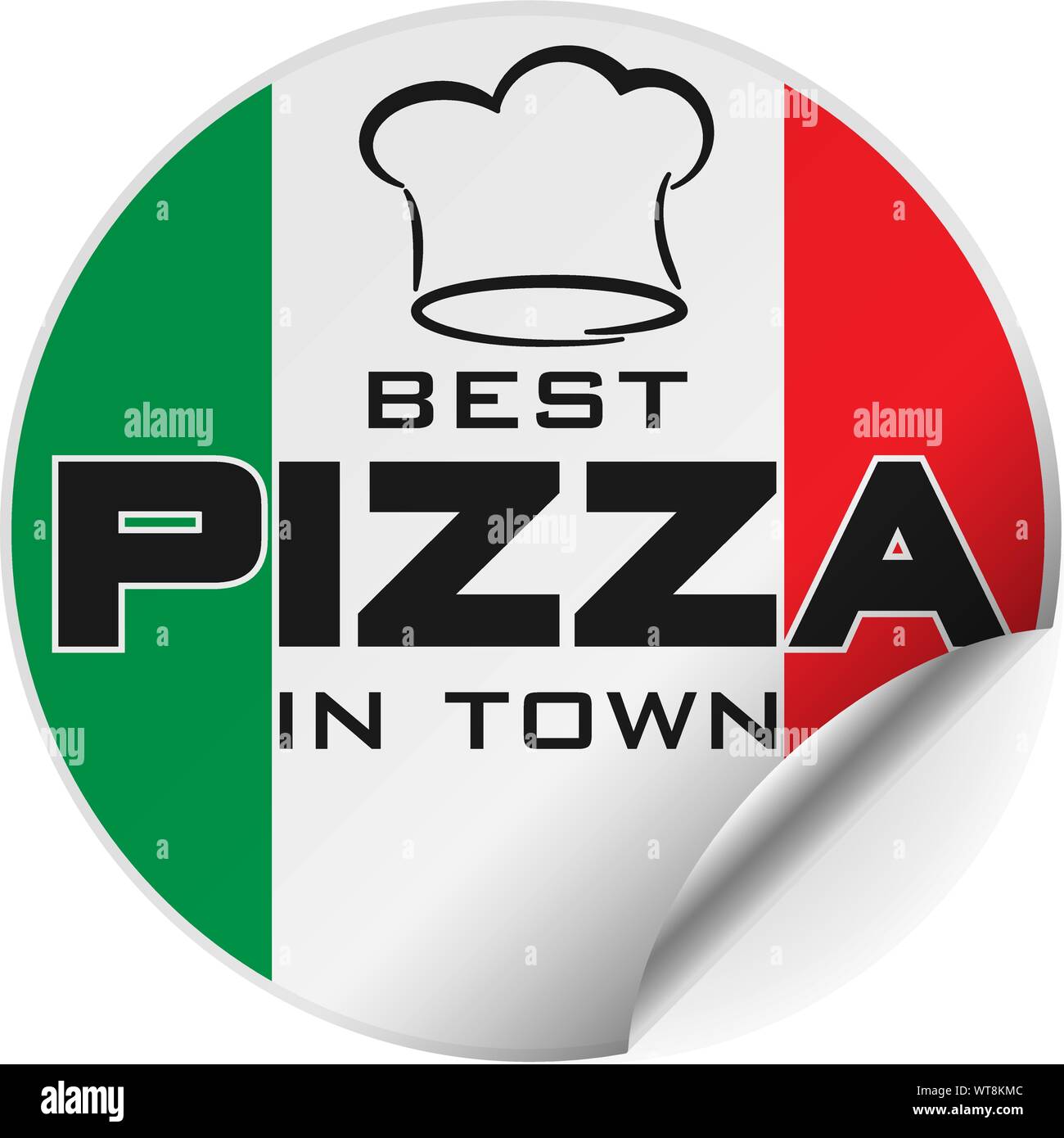 Runde beste Pizza in der Stadt Aufkleber oder Abzeichen mit italienischer Flagge und Haube, eine Seite zusammengerollt Vector Illustration Stock Vektor