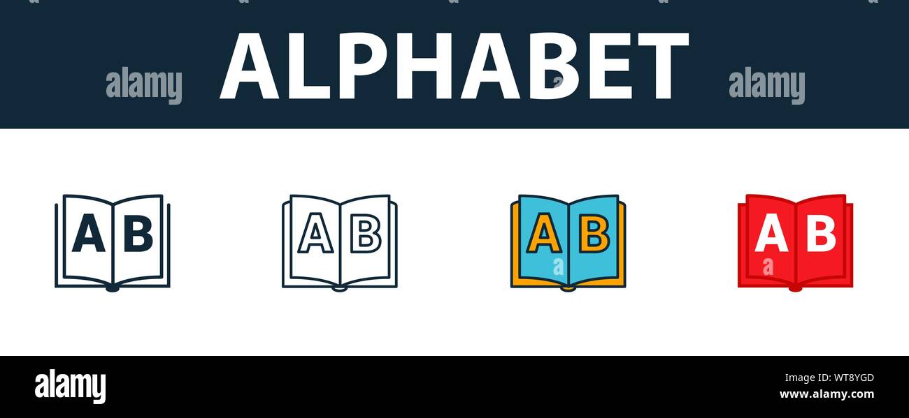Alphabet Icon Set. Vier Elemente in verschiedenen Stilrichtungen von der Schule icons Collection. Kreative alphabet Icons, Outline, Farben und Symbole Stock Vektor