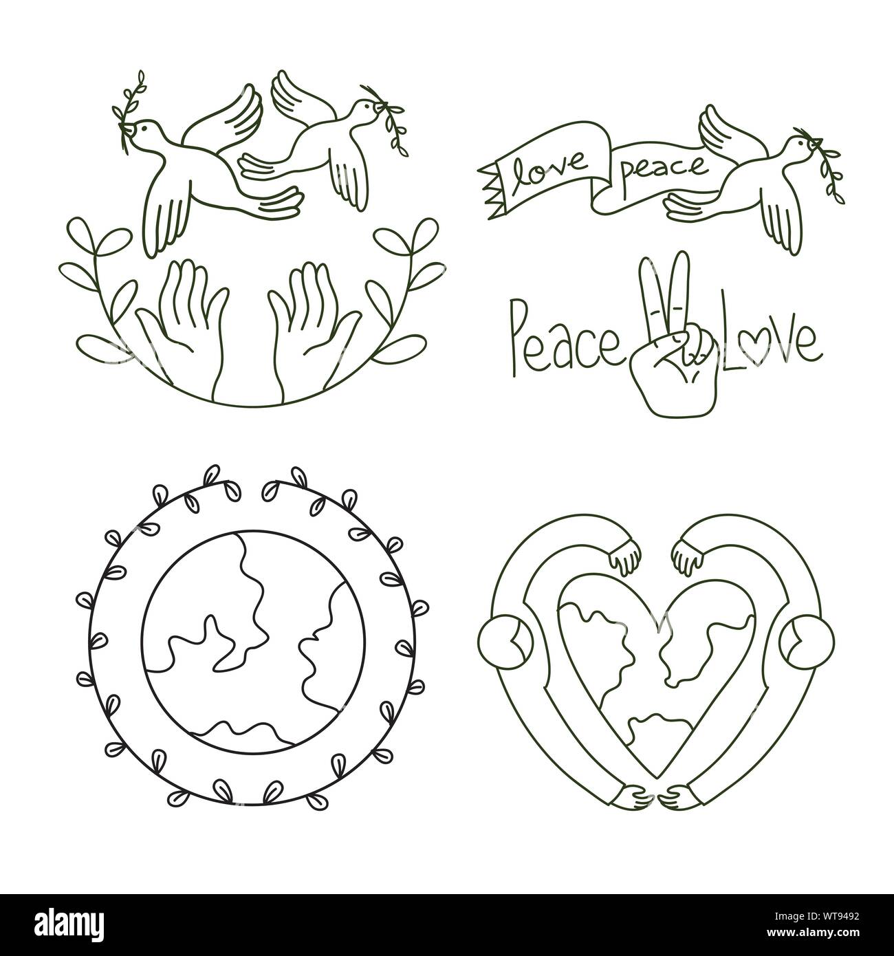 Frieden und Liebe tag Logo mit Vögeln und dem Herzen der Erde Stock Vektor