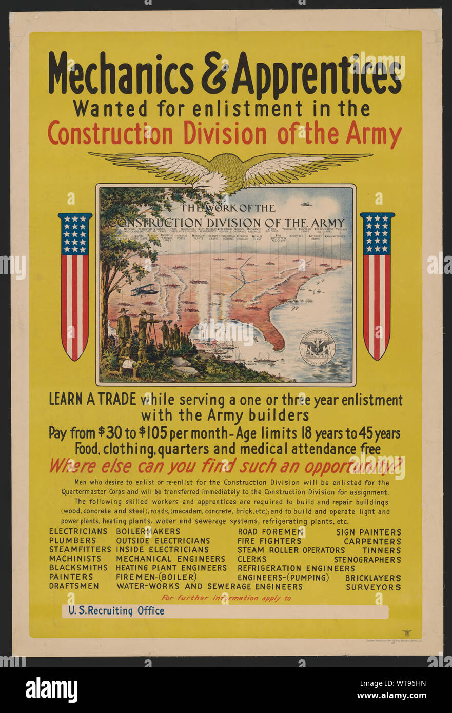 Mechanik & Lehrlinge für die Rekrutierung in der Division Bau der Armee U.S. Army recruiting Poster, eine Karte der USA wollten berechtigt, die Arbeit der Division Bau der Armee, welche Standorte identifiziert, als National Guard Camps, Signal Corps Camps, Tank Corps, Nitrat, chemische Kriegsführung Camps, Artillerie Camps, Ordnance Arsenale, und andere; enthält auch eine Reihe von Beschäftigungen zu Soldaten Soldaten zur Verfügung. Stockfoto