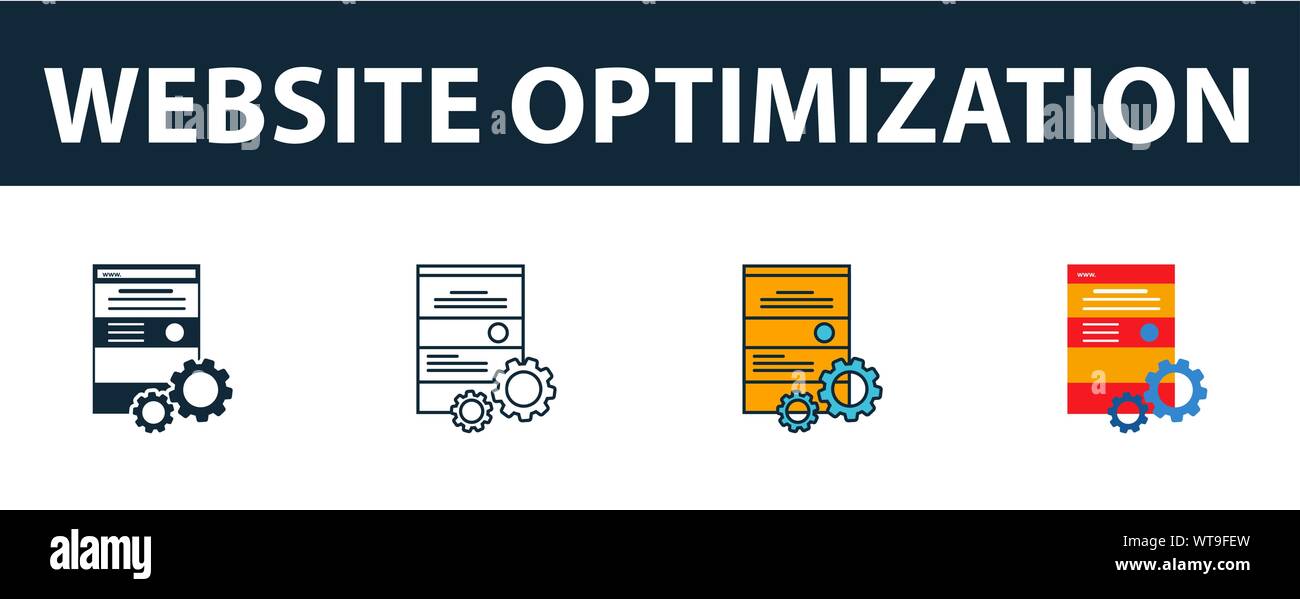 Website Optimierung Icon Set. Vier Elemente in verschiedenen Stilrichtungen von seo icons Collection. Kreative website Optimierung gefüllt Symbole, Umriss Stock Vektor
