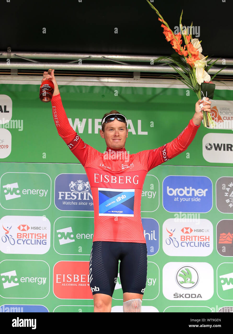 Rory Townsend von Team Canyon dhb-p/b Bloor Wohnungen mit dem Eisberg Wein Sprints Jersey während Phase 5 der OVO Energie Tour durch Großbritannien von Birkenhead in Birkenhead feiert. Stockfoto