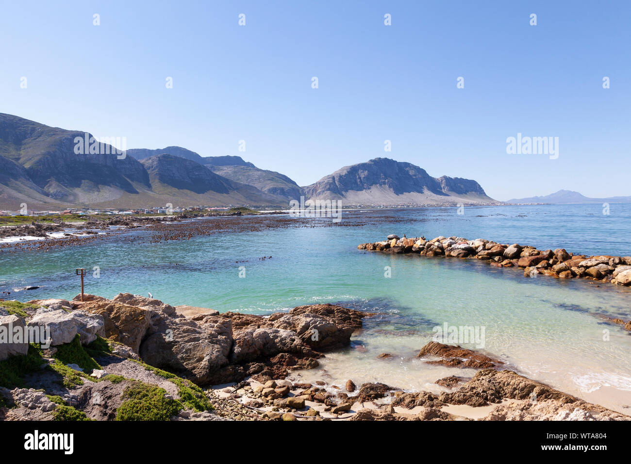 Blick über das Meer zu den Dörfern von Betty's Bay, Kleinmond Kogelberg unterhalb der Berge von der Stony Point Nature Reserve, Western Cape, Sou Stockfoto