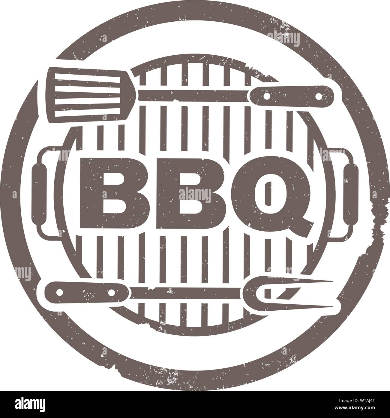 Runde grungy Grill BBQ Stempel drucken mit Grill und Utensilien Vector Illustration Stock Vektor