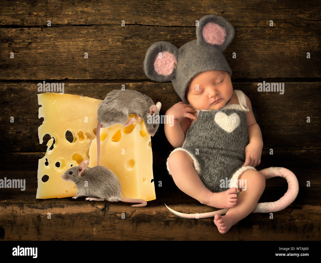 Zusammengesetztes Bild mit einer Schlafen neugeborene Babys als eine entzückende Maus gekleidet Stockfoto