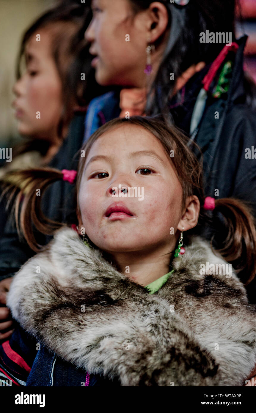 Junge tribal Mädchen mit Zöpfen, starrte Stockfoto