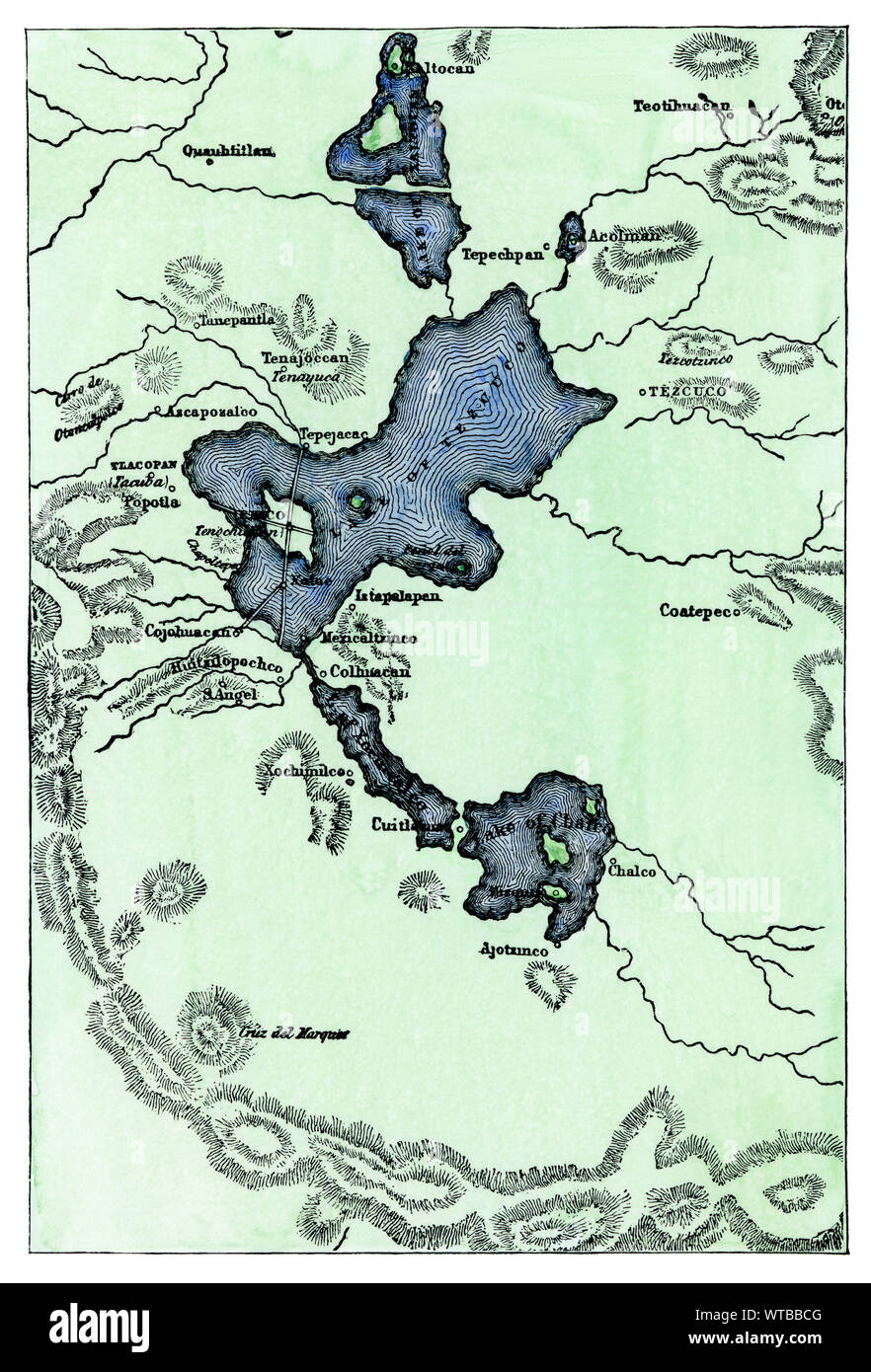 Karte von Aztec Städte in das Zentrale Tal von Mexiko, ca. 1450. Hand - farbige Holzschnitt Stockfoto