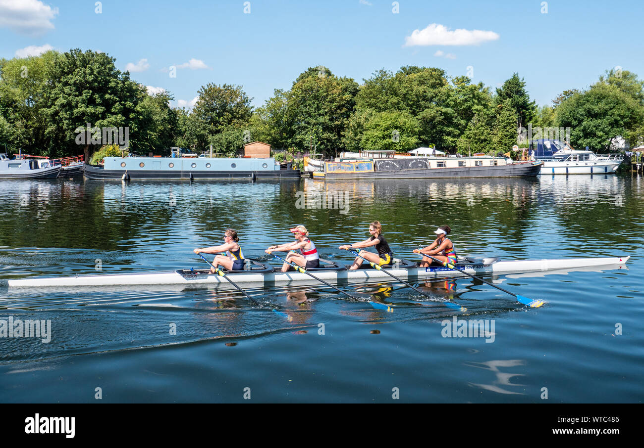 Mädchen Rudern, Laleham, Flecken-upon-Thames, Surrey, England, UK, GB. Stockfoto