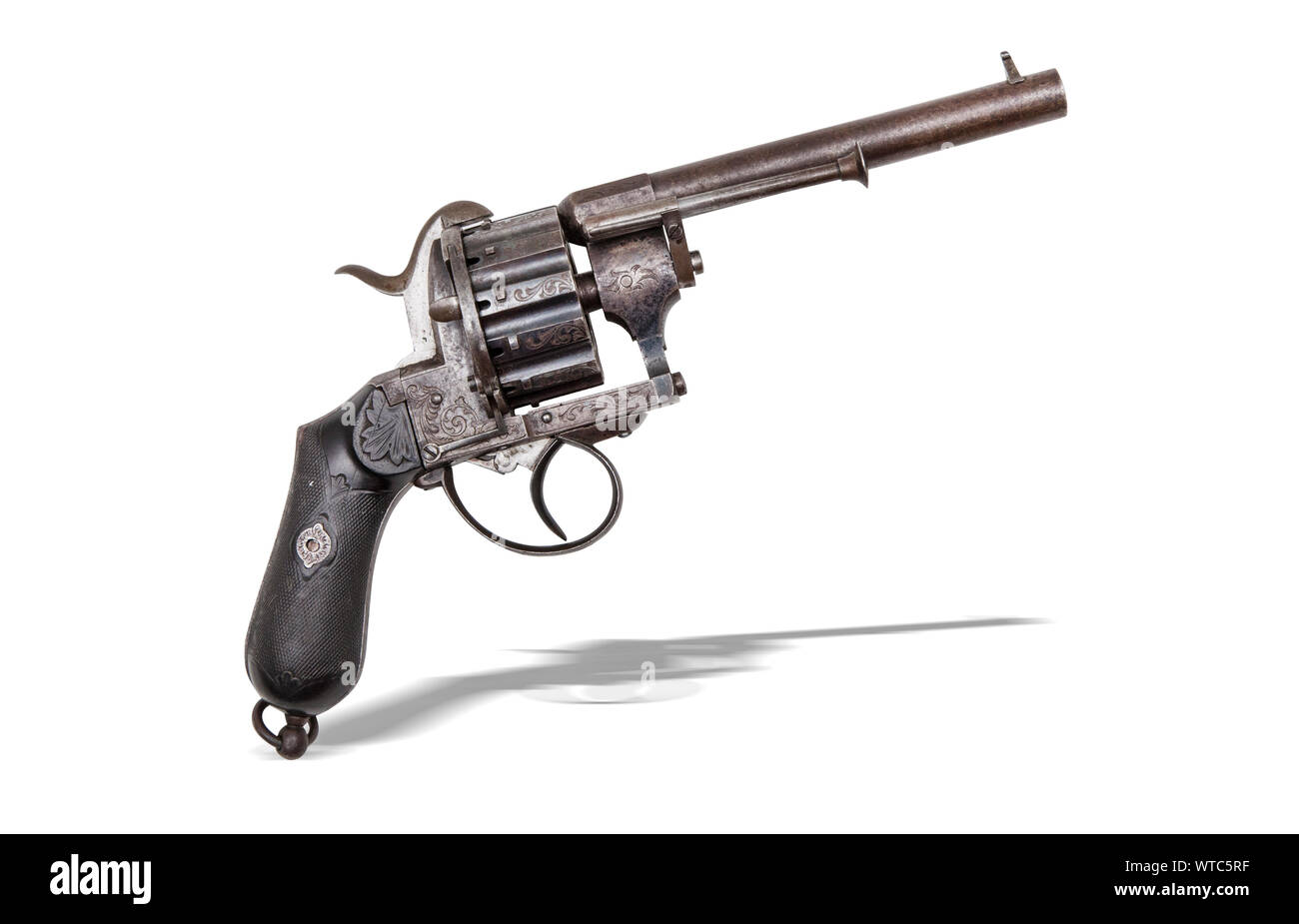 Französisch J. Chaineux 12 Schuß pinfire Revolver, CA. 1860, Fässer: 6", 36 cal., double action Revolver, mit feiner Gravur auf der Octagon barrel Abschnitt. Stockfoto